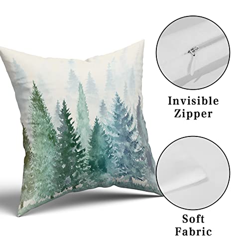 Pine Tree Throw Pillow Covers 18X18 Set Of 2 Watercolor Blue Green Cotton Square Rustic Style Natural Forest Fog Print Decorative Pillowcase Spring Summer Cushion Cover For Home Sofa Bed Outdoor #TOP7