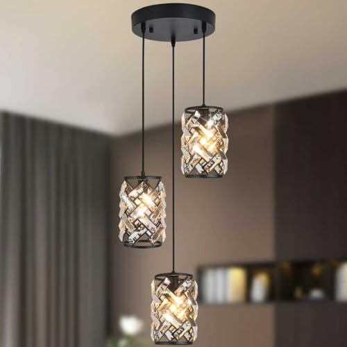 Leadtek Black Crystal Pendant Lights Kitchen Island, Adjustable Hanging Chandelier with Ambient Lighting, E12 Base, Plated Modern Farmhouse Fixture for Dining Room, Bedroom, Living Room