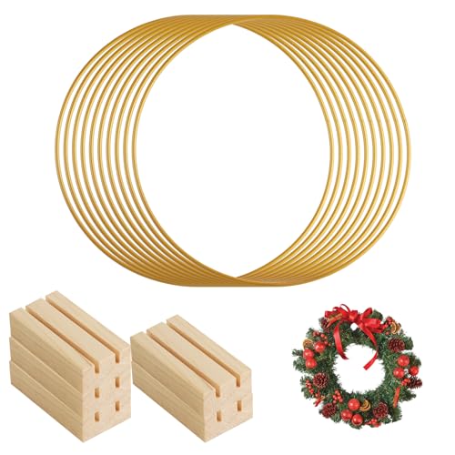10 anillos metálicos de 20 cm para manualidades – Juego de aros dorados para atrapasueños, anillos decorativos, aros para artesanías, bases para colgar, coronas – Incluye 5 soportes de madera