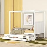 Bellemave Queen Canopy Beds with Trundle Wood 4-Poster Bed with Storage Drawers Modern Queen Size Bed Frame with Headboard for Adults Kids Teens, White