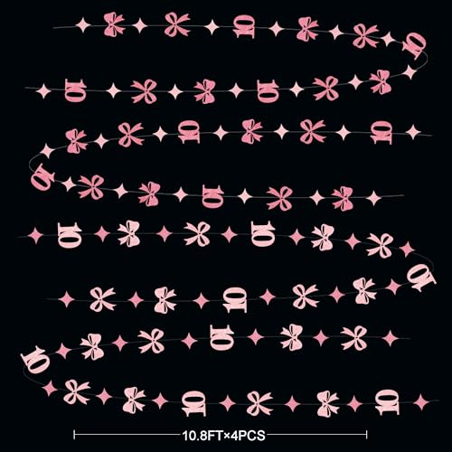 Image of Glitter Pink 10th Bow Birthday Decorations Hot Pink Conquette Bow Garland Streamer Banner Backdrop for Girls Happy 10th Birthday Double Digits I'm 10 Cheers to 10 Years Old Anniversary Party Supplies