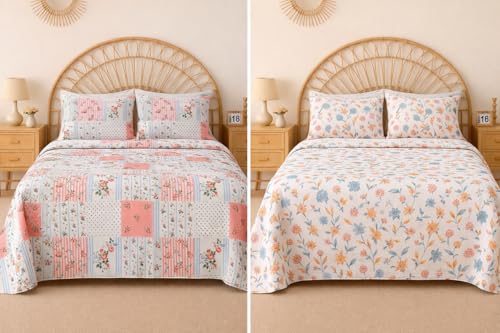 BSB HOME 2 Bedsheet Combo Set with 4 Pillow Covers – Premium Cotton Glace Cotton Printed Double Bedsheets, 2 Elegant Colors, Soft Breathable Luxury Bedding Set - Pink & Off White