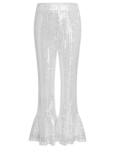 Girls Sliver Sequin Pants Size 10-12 Sparkling Trousers Gliter Dance Bell Bottoms