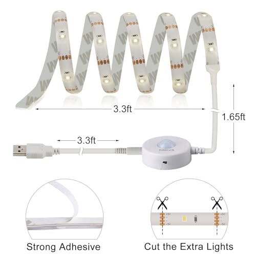 Tira de luz LED USB activada por movimiento 3.3ft blanco cálido miniatura 2