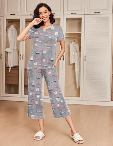 Image of Ekouaer 2 Pack: Women's Pajamas Set Short Sleeve Sleepwear Capri Pants Pjs Soft Loungewear with Pockets