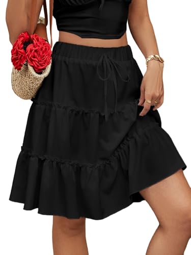 Women's High Elastic Waist Mini Skirt Casual Summer Trendy Tie Front Flowy Ruffle Floral Print A line Skirts 685