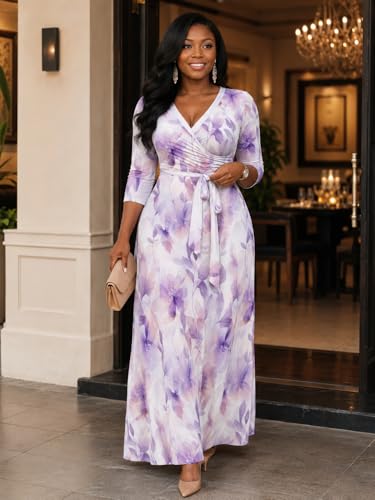 Image of PinkPatty Plus Size Maxi Dress for Women Casual V Neck 3 /4 Sleeve Boho Printed Long Dress with Pockets