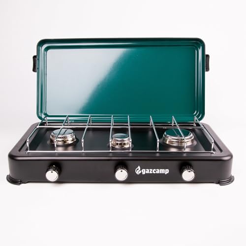 3-Flammen Gaskocher Campingkocher 3 7 kW 50 mbar Schwarz mit Grünem Deckel 56 x 33 x 11 cm Propan Butan CE-Geprüft Krisenvorsorge oder Campingküche