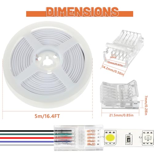 JAMHER 10Stück LED Streifen Adapter mit RGB-Lichter, drahtlose klare Stecker, lückenlose Streifenbeleuchtung, 5M/16,4ft Kabel (5PIN 12MM)