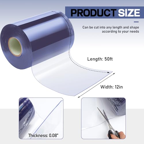 Image of Moukeren Plastic Curtain Strips, 50 ft x 12 in Clear PVC Strip Curtain Roll, Heavy Duty Plastic Insulated Freezer Door Strips for Commercial, Walk-in Cooler, Garage, Warehouse, 0.08 inch Thickness