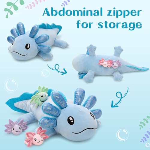 Image of MaoGoLan Giant Blue Axolotl Plush with Babies, 33 inch Axolotl Stuffed Animal | 33 Inch Sequin Mommy With 3 Baby Salamanders for Girls Kids, Kawaii Room Decor, Christmas Graduation Birthday Gift