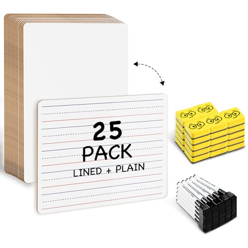 Ohuhu Small White Boards for Kids, 25 Pack, 9 x 12 Inch Mini Whiteboards for Students, Teacher &Classroom, Double Sided Lined/Plain Dry Erase Board Set - Includes 25 Boards, 25 Mar image 2