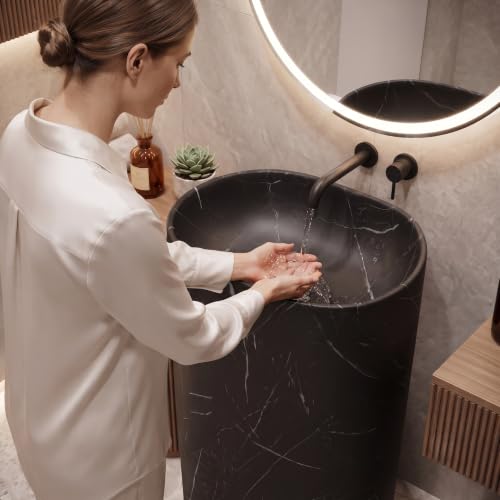 Image of BASSINO 20x14x33 Inch Pedestal Wash Basin /Free Standing Wash Basin /7 Years Warranty /Oval Ceramic One Piece Pedestal Sink for Bathroom /Living Room /Floor Mounted Washbasin(Matt Black Mix Marble)