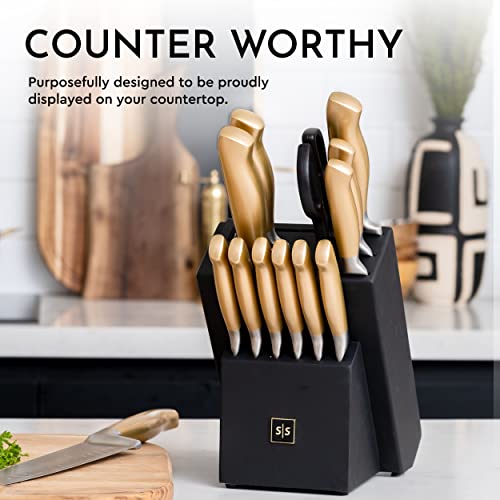 Black and Gold Knife Set With Block Gold Handle Knife Set with Self