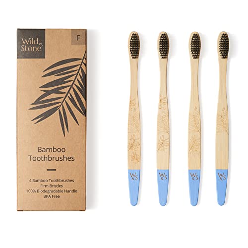 Brosse à dents en bambou organique | 4 Individuellement Numéroté | Entreprise fibre charbon Soies | Blanchiment naturelle | Poignée Biodégradable | Eco Friendly bambou Brosses à dents de Wild & Stone Cover