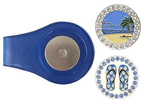 Giggle Golf Magnetic Ball Marker Clip with Two Bling Golf Ball Markers (Beach Scene & Blue Flip Flips)