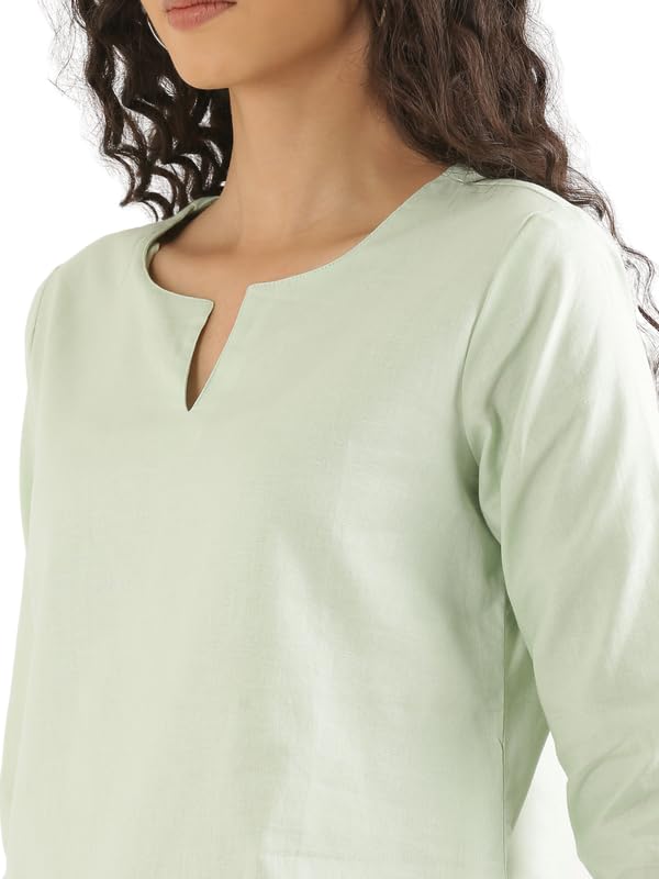 Image of SAADAA Airy Linen Split Neck Short Kurta for Women | Casual & Office Wear | 3 /4 Sleeves, Comfortable Fit | Elegant Top | Lightweight & Breathable Fabric |