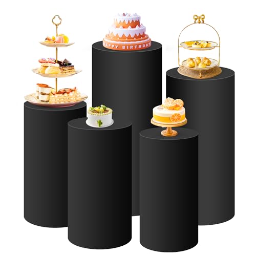 SaitiMade Set of 5 - Black Cylinder Pedestal Stand Covers, Spandex Cylinder Stand Covers for Party, Wedding or Birthday Event Decor - Only Contains Cylinder Covers