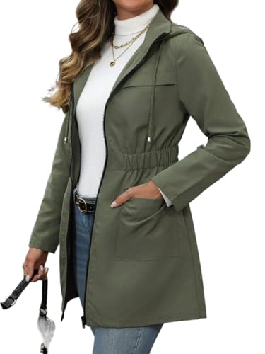 Chic and Cozy: Womens Fall Winter Hooded Jacket in Army Green, Extra Large