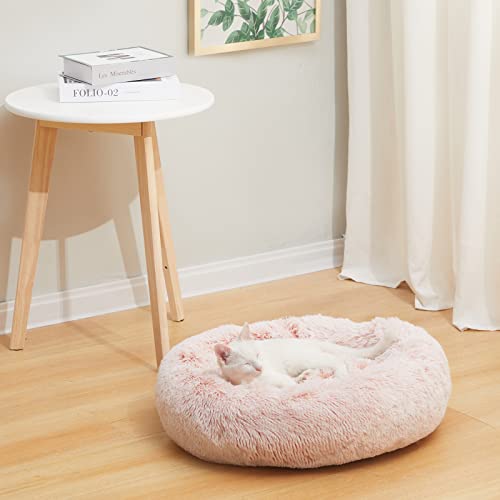 Image of Bedfolks Calming Donut Dog Bed Cat Bed, 23 Inches Round Fluffy Dog Beds for Small Dogs, Machine Washable Anti-Anxiety Plush Puppy Bed(Pink, Small)