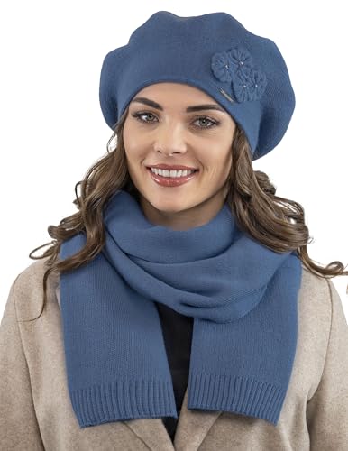 VIVISENCE Damen Mütze Mit Schal Mit Blume Applikation Wärme An Wintertagen 7006, Blau,Einheitsgröße