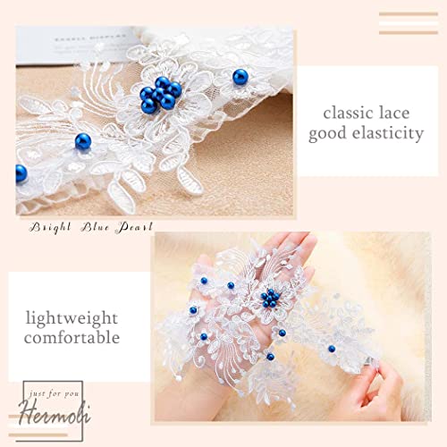 Hermoli Bridal Lace Pearl Wedding Garters Set Elastice Flower Thigh Garter Leg Accessories For Bride Bridesmaid(White And Blue) #TOP7