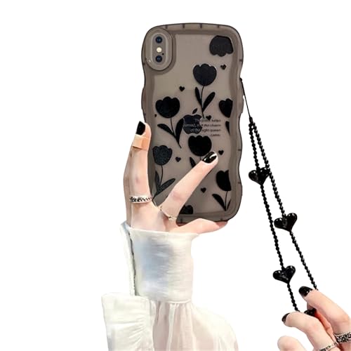 Coque antichoc iPhone Xs Max fleurs noires avec chaîne anti-chute pour femme