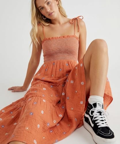 Image of Women Floral Embroidered Maxi Dress Boho Sleeveless Tie Strap Shoulder Dresses Smocked Summer Sundress with Pockets