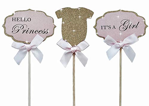 Mother&Fabulous Baby Girl Cupcake Toppers Its A Girl & Hello Princess & Gold Glitter Suit with Elegant Pink Bow. A Special Baby Girl Shower Decoration - 18 Count.