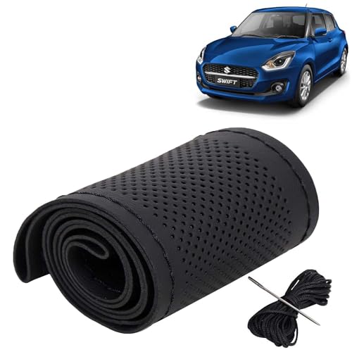 Image of KINGSWAY PU Leatherite Car Steering Cover Sewable Compatible with Maruti Suzuki Swift (Year 2021 Onwards), Black Color with Black Thread, Pack of 1 with Sewing Needle and Thread