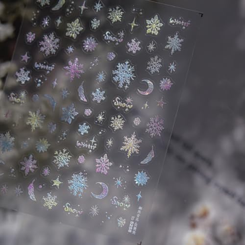 Image of Snowflake Nail Art Stickers Gradient Ramp Snow Nail Stickers for Nail Art | Holographic Nail Decals 5D Self Adhesive Winter Design for Women Christmas Manicure Decoration Accessories Supply 1 Sheet