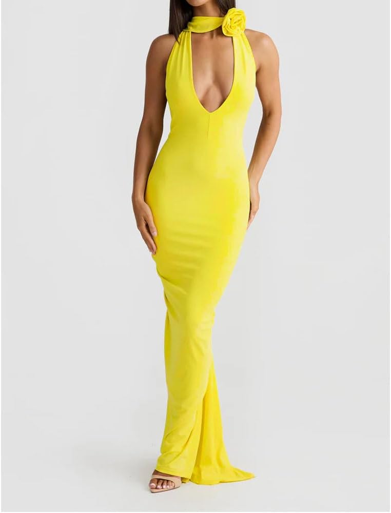 Women Sexy Backless Dress Halter Deep V Neck Detachable Flower Sleeveless Open Back Maxi Dress Cocktail Prom Formal Dresses - Image 4