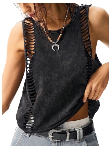 Women's Hollow Out Summer Sleeveless Tank Tops Washed Retro Rock Concert Outfits Tops Streetwear