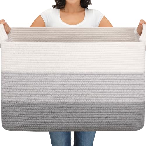 Image of OIAHOMY Extra Large Blanket Basket, 110L Cotton Rope Woven Laundry Basket, Toy Bin for Baby Room, Container for Blanket Storage in Living Room, 24.8''x17.3''x15.8'', Gradient Grey