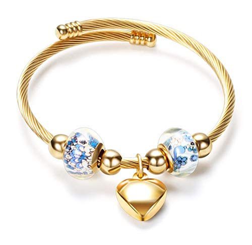 MiniJewelry Women Gold Cuff Bracelet Love Heart Beaded Charms Stainless Steel Braclet, Adjustable Bangle Cuff, Gold Cuff Blue Charms