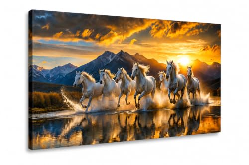 Image of 7 Horse Vastu Sunrise Canvas Painting | Positive Energy Wall Decor | Big Size Premium Running Horses Artwork for Home, Office & Hall Decoration (Modern, Hills White, 26x18 Inch)
