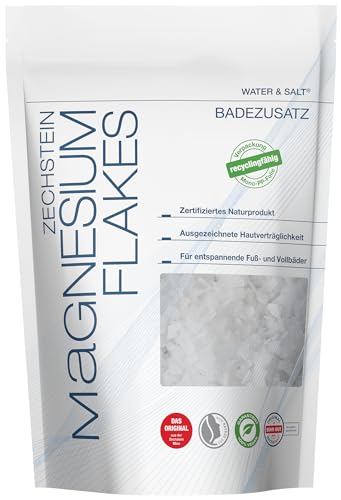 Water & Salt 500g Magnesium Magnesiumflakes [DERMATOLOGISCH GETESTET] - Magnesiumflocken Magnesium Badesalz - Zertifiziertes & reines Naturprodukt - Flocken Fußbad & Vollbad