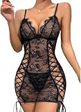 HSAJS Dessous Damen Sexy Unterwäsche Spitze Mesh Lingerie Transparent Netzoberteil Reizwäsche Netzshirt Babydoll Schnürung Netzbody Fishnet Body Set