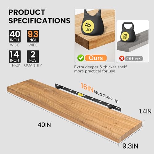 Image of Floating Shelves for Wall, 40 inchW x 9.3 inchD x 1.5 inchH Rustic Solid Elm Wood Wall Shelves, Set of 2 with Invisible Heavy-Duty Metal Bracket, Deep Floating Shelf for Living Room Kitchen, Natural Finish