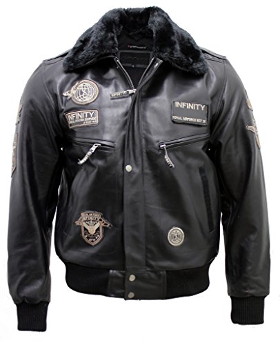 Infinity Männer Schwarze Kuh ausblenden Leder Flug Bomber Jacke mit abnehmbarem Kragen 3XL