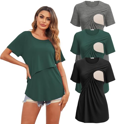 Image of Ekouaer Women's Maternity Shirts Short Sleeves Nursing Tops 3 Pack Double Laye Breastfeeding Tees Pregnancy Clothes S-XXL