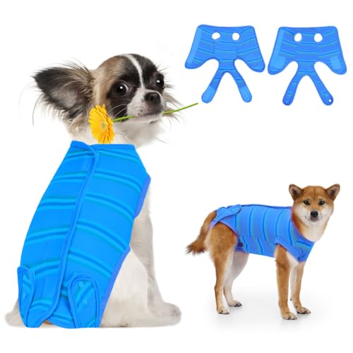 Image of VavoPaw Dog Vest Harness Dog Surgery Suit, Soft Breathable Dog Onesie for Surgery, Dog Bodysuit for Female Male Puppies, Puppy Cone E-Collar Alternative for Wounds Skin Diseases After Surgery, L Blue