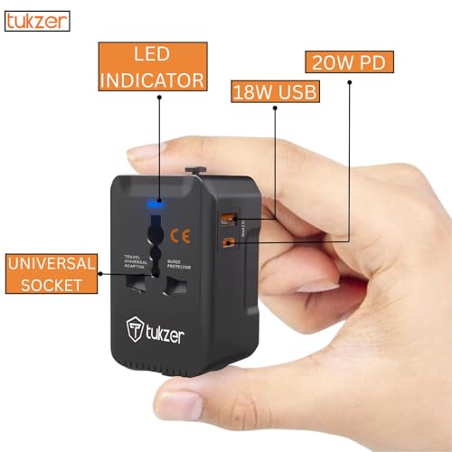 Image of Tukzer Universal Travel Adapter with 20W Type C PD & 18W USB-A Output Port, Universal Plug Socket, All in One International Travel Fast Charging Adapter for Laptop /MacBook & Mobile Charging- Black