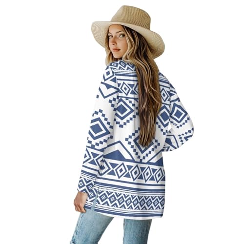 Image of Women's Aztec Open-Front Jacket Lightweight Casual Outerwear Native Western Aztec Pattern & Plaid Houndstooth Print