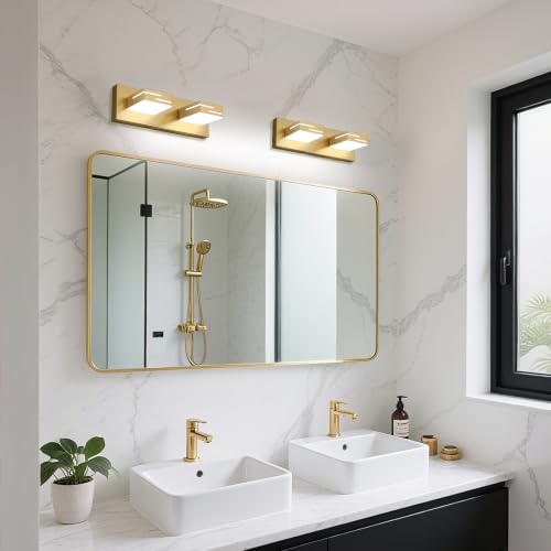 Image of LED Modern Bathroom Vanity Light Fixtures, Dimmable Gold Vanity Lights for Bathroom Lighting Fixtures Over Mirror, with 360 Rotatable Heads 2-Light 16-inch (Cool White 6000K)