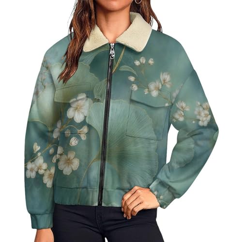 Sweat polaire femme floral ginkgo veste chaude zippée chic en grande taille
