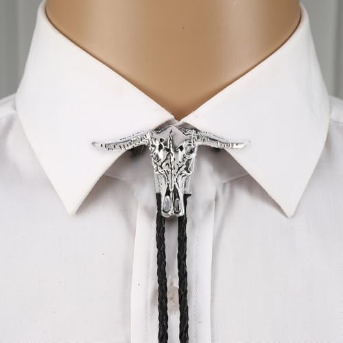 Image of Joxevyia Bolo Tie for Men Vintage Cow Skull Leather Rope Western Cowboy Necktie Vintage Bola Tie Gift for Him