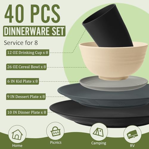 Image of 40 PCS Wheat Straw Dinnerware Set | Service for 8 Plastic Dishes Set Unbreakable Plates and Bowls Sets, Drinking Glasses, Dishwasher and Microwave Safe Dish Set for KItchen - Gray Stone