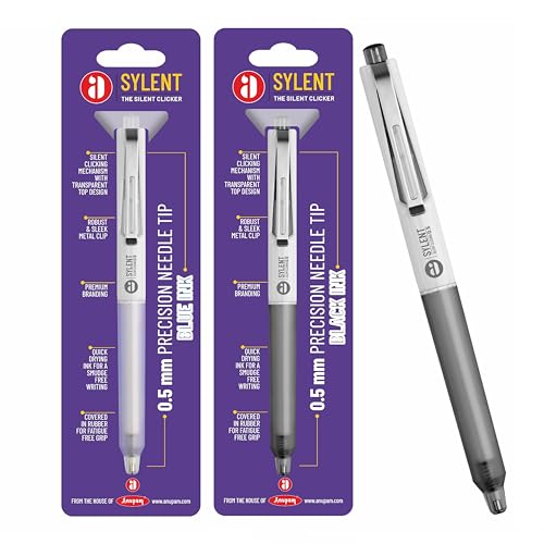 Image of Anupam Sylent Roller Gel Pen 0.5 mm, Waterproof Smooth Quick-Dry Dark Ink, Comfortable Grip Exam & Office Pen, Refillable (3 Black Body BlackInk, 1 Multicolour Body BlueInk)