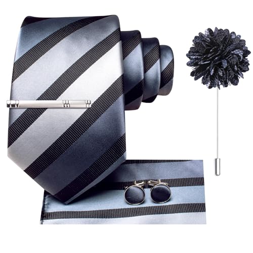 Image of Hi-Tie Black Grey Ties for Men Striped Woven Necktie and Pocket Square Lapel Pin Silver Tie Clip Cufflinks Set Wedding Business 6PCS